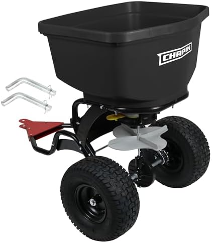 Chapin Tow-Behind Turf Spreader with Auto-Stop Waste-Free Coverage | 150-lb capacity, ATV/UTV/lawn tractor compatible, dual-impeller system