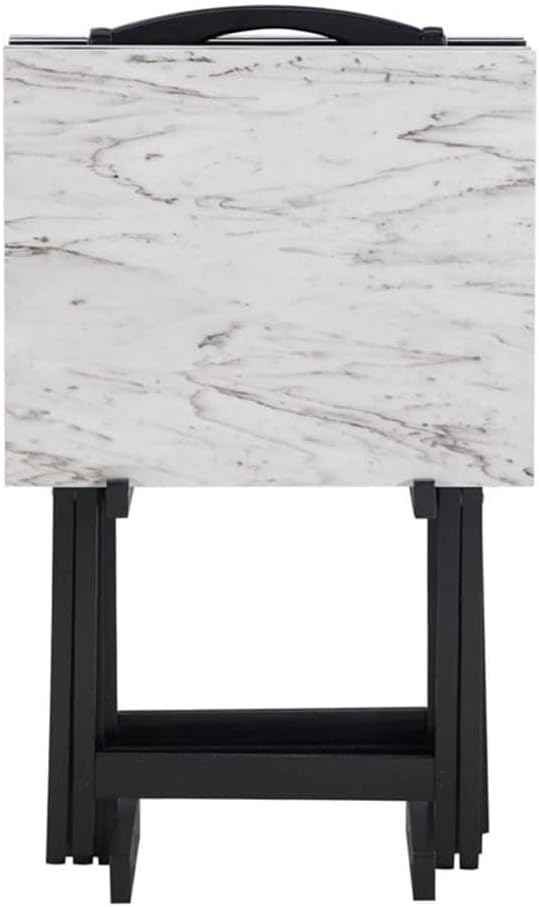 Riverbay Furniture 5 Piece TV Tray Table Set, Faux Marble Tops, Rubberwood and MDF, Brown Finish, Includes 4 Folding Tray Tables and 1 Storage Stand, Compact Design for Living Room or Home Use