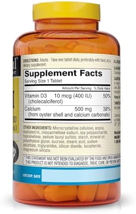 MASON NATURAL Calcium 500 mg (Oyster Shell) with Vitamin D3 to Support Normal Bone and Muscle Function, 250 Tablets
