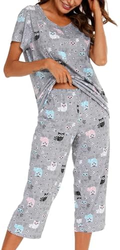 ENJOYNIGHT Womens Pajama Set Cotton Summer Pj Top with Capri Pant Sleepwear