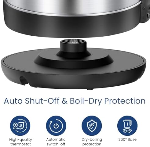 Comfee 1.7L Stainless Steel Electric Tea Kettle, BPA-Free Hot Water Boiler, Cordless with LED Light, Auto Shut-Off and Boil-Dry Protection