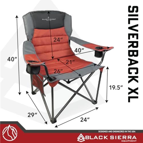 Black Sierra Oversize XL Camping Chair Supports 500 lbs, Padded Folding Outdoor Chair w/ 2 Cupholders and Carrybag