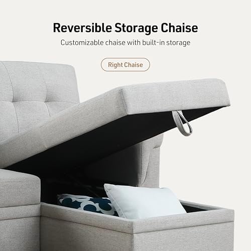 Lilola Home Convertible Sectional Sleeper Sofa Bed 84 Inch, L Shaped Couch with Pull Out Bed, Storage Chaise, Removable Back Cushions for Living Room, Office, Linen Fabric, Dark Gray