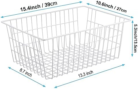 iPEGTOP Wire Storage Freezer Baskets, Set of 2 Large 15.4" Household Metal Organizer Storage Bins Basket for Kitchen Cabinets, Refrigerators, White