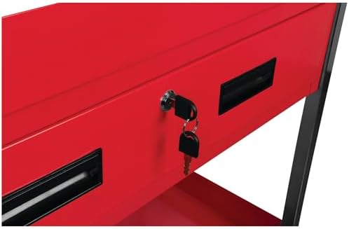 Performance Tool W54004 Two-Shelf Utility Cart with Locking Drawer | Red rolling tiered storage cart with wheels. 350 lb load capacity. Swivel casters. 28x16 inch deep shelves