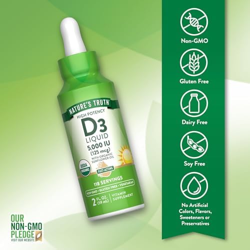 Nature's Truth Vitamin D3 Liquid | 5000 IU | 2 fl oz | Non-GMO and Gluten Free Supplement | Non-GMO and Gluten Free Supplement