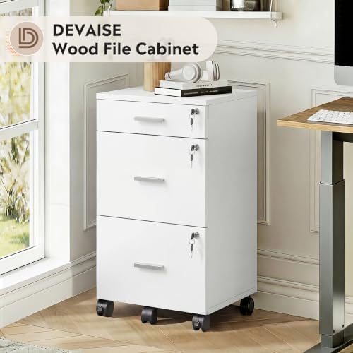 DEVAISE 3 Drawer File Cabinet with Lock & Wheels, Wood Printer Stand | Mobile Filing Cabinet Fits Letter/A4 Size; Rustic Brown Wood Printer Stand Keeps Home Office Files Secure And Organized