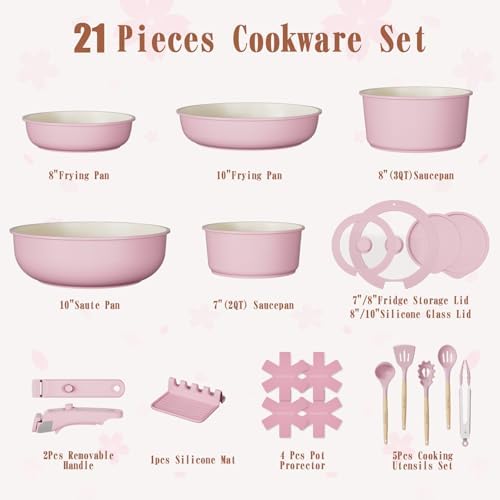 Umite Chef Non Stick Pots and Pans Set, 21 Pcs Ceramic Kitchen Cookware Set with Detachable Handle, Nonstick Healthy Induction Cookware, Dishwasher RV Cookware Set, Oven Safe, Stackable, Sage Green