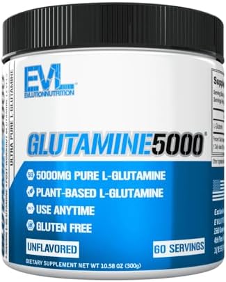 EVL L-Glutamine Powder Supplement for Post Workout Recovery, Vegan | Pure 5g L-Glutamine formula supports post-workout recovery, muscle performance