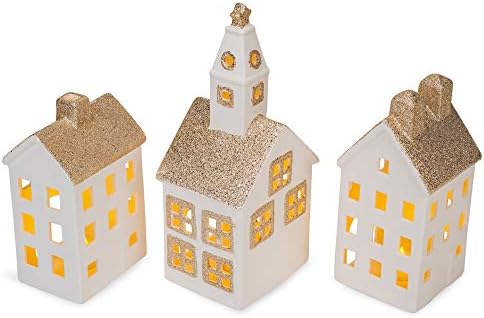 Mark Feldstein & Associates Village White Glitter 12 inch Porcelain LED Christmas Figurines 9 Piece Set