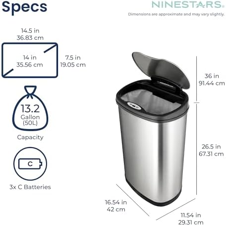 Ninestars 13 Gallon Oval Automatic Trash Can, 50L Touchless Motion Sensor Kitchen Garbage Can with Odor-Sealing Lid, Silver Stainless Steel