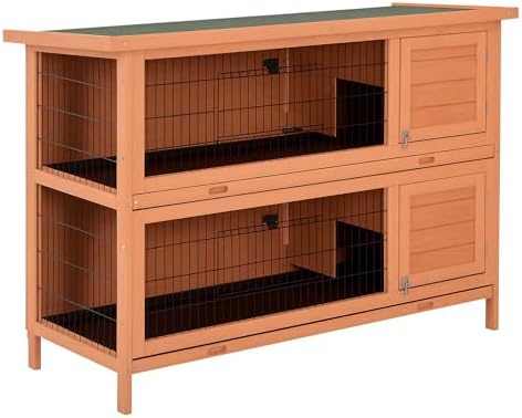 PawHut 54" 2-Story Large Rabbit Hutch Bunny Cage Wooden Pet House Small Animal Habitat with Lockable Doors, No Leak Tray and waterproof Roof for Outdoor/Indoor Orange | Wooden Pet House, Small Animal Habitat, No Leak Tray, Waterproof Roof, for Chickens D…