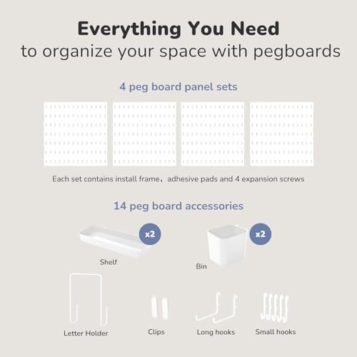 Keepo Peg Board Wall Organizer – Plastic Pegboard Panels, Modular Peg Board Storage System For Home Office, Craft Room, Gaming Setup (White