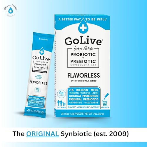 GoLive Prebiotic & Probiotic for Women, Men, Kids. Flavor-Free, Sugar-Free, Synbiotic Powder w/ GOS, L-Glutamine, Vitamin D3, Electrolytes. For Gut Health, Digestion, Metabolism, Immunity 15-50B CFUs. | Flavor-Free, Sugar-Free, All-Natural Ingredients, C…