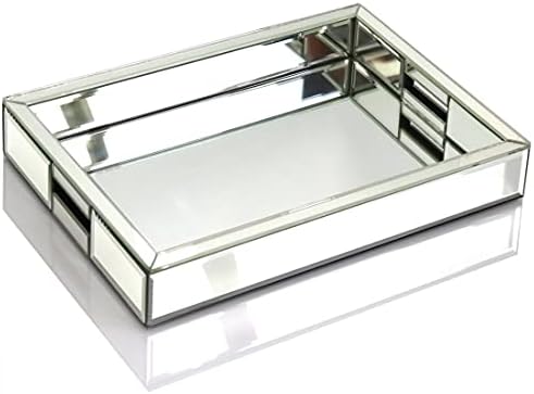 Rectangle Silver Mirror Decorative Tray Size 11” Length x 14” Width x 2” Height, Mirrored Vanity Organizer with Hand
