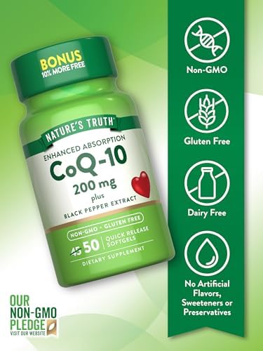 Nature's Truth CoQ10 200mg Softgels | 50 Count | Enhanced Absorption Supplement | Plus Black Pepper Extract | Non-GMO, Gluten Free