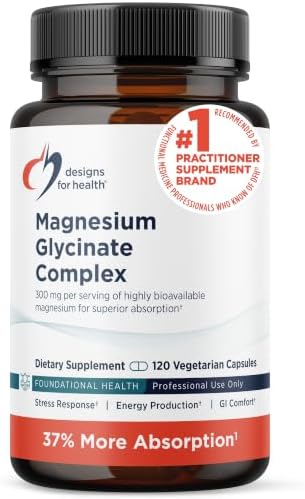 Designs for Health Magnesium Glycinate Complex - High Absorption, Patented Magnesium Complex - Promotes Calm Sleep, Energy, Bone & Heart Health, and Immune Support - Vegan, Gluten Free (120 Capsules)