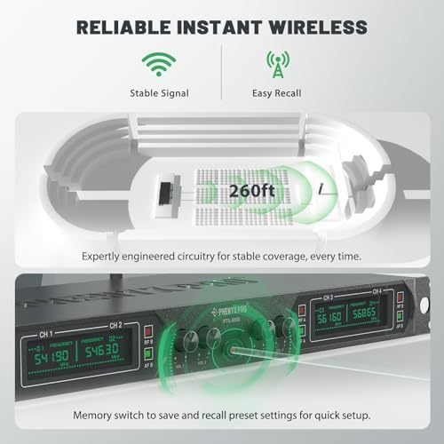 Phenyx Pro 4-Ch UHF Fixed Frequency Wireless Microphone System PTU-5000-4H | 4 Dynamic Handheld Mics, Metal Build, 260 ft Range, Singing