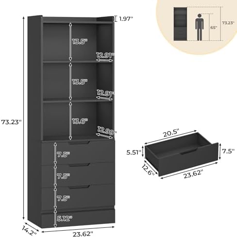 DICTAC 73.23'' Tall Storage Cabinet Bookcase with 3 Drawers and 3-Tier Open Shelves Wooden Bookshelf Kitchen Pantry Storage Organizer Cabinets for Living Room, Study, Kitchen,Bathroom,White