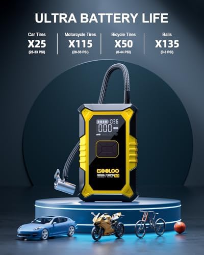 GOOLOO A3 12V 3000A Portable Jump Starter with Air Compressor | Supersafe Car Battery Booster Pack (9L Gas/6.5L Diesel) - BOOST for Dead Battery - 150 PSI Auto-Off Tire Inflator - LED Light