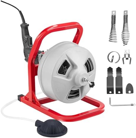 VEVOR Drain Cleaner Machine 50 FT x 5/16 Inch, Sewer Snake Auger with 228RPM Electric Drill, Manual Feed Drain Cleaning Machine with 6 Cutters & Air-activated Foot Switch for 2" to 4" Pipes