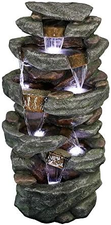 PeterIvan Outdoor Relaxing Waterfall - 6-Tier Fountain with 6 LED Lights, Stone-Liking Resin for Patio, Garden, House&Office (40.6in, Grey)