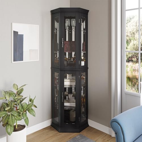 BELLEZE Lighted Wooden Corner Display Curio Cabinet, Two Section Shelving Unit with Tempered Glass Door