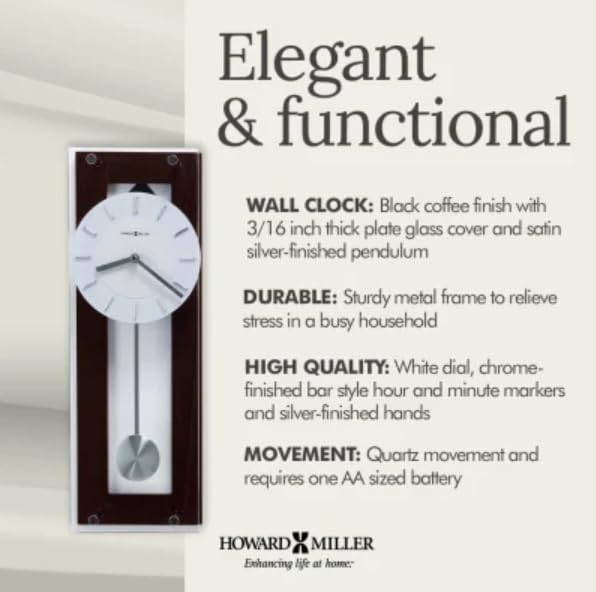Howard Miller Emmett II Wall Clock – Espresso Finish, Silver Pendulum, Chrome Accents, Quartz Movement, Modern Pendulum Wall Clock