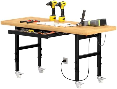 48" Heavy Duty Work Bench with Drawers, Adjustable Height Workbench with Wheels, 2000 LBS Capacity Work Table with Power Outlets for Garage, Workshop, Office, Home