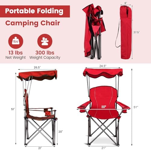 Goplus Camping Chair with Canopy Shade, Folding Lawn Chair with Umbrella Cup Holder & Carry Bag, Portable Sunshade Chair for Adults for Beach Outdoor Travel Hiking Fishing (Red)