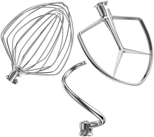 Stainless Steel Stand Mixer Attachments 3-Piece (4.5-5QT Flat Beater, 4.5-5QT Dough Hook, K45WW 6-Wire Whip Attachment) for KitchenAid Tilt-Head Stand Mixer and 4.5-5 Quart Bowl, Dishwasher Safe