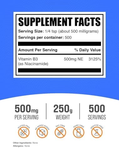 BulkSupplements.com Niacinamide Powder - Vitamin B3 Powder, Niacinamide Supplement, Niacinamide 500mg - B3 Vitamins for Skin, Gluten Free, 500mg per Serving, 1kg (2.2 lbs) (Pack of 1)