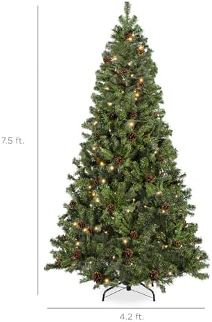 Best Choice Products 7.5ft Pre-Lit Pre-Decorated Pine Artificial Christmas Tree w/Twinkling LEDs, 1, 346 Flocked Frosted Tips, 80 Pinecones