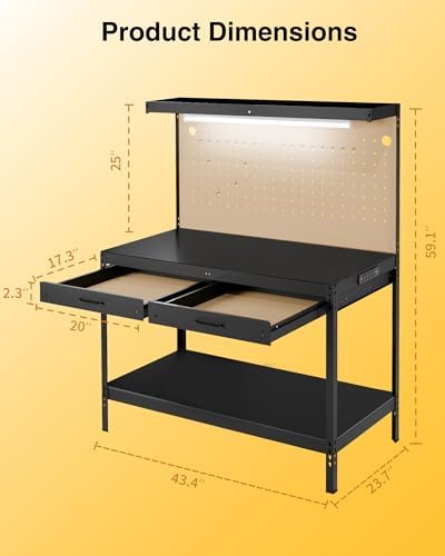 Pterying Work Benches for Garage, 3-Tier, A3 Steel | For Garage, Workshop & Basement, 2 Drawers, 4 AC Outlets, 2 USB Ports, Pegboard, 12 Hooks