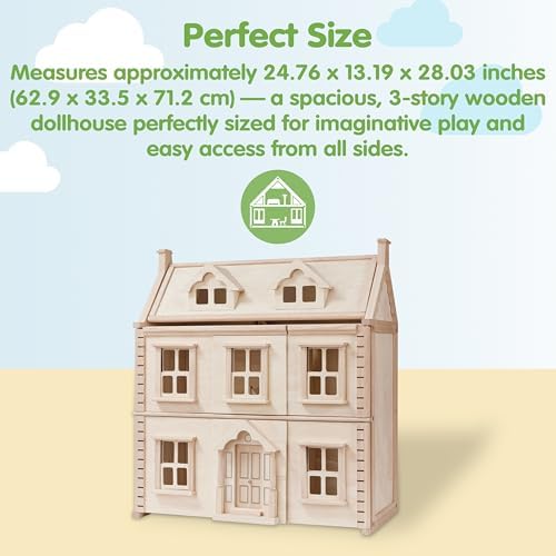 PlanToys® Green Wooden Dollhouse with Solar Panel, Wind Turbine & Furniture | recycling system, eco-friendly doll house, sustainable pretend play, kids, girls, environmental learning gift for boys