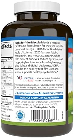 Carlson Right for The Macula, Made with Lutemax 2020, 120 Softgels | Clinically Proven to Support Vision Health, Macular Health, Blue Light Protection