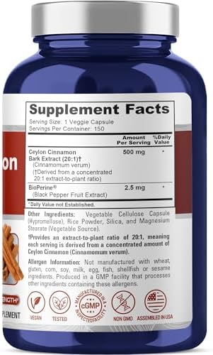 Ceylon Cinnamon, Non-GMO, Vegan, 500mg, 150 Capsules - 150 Servings