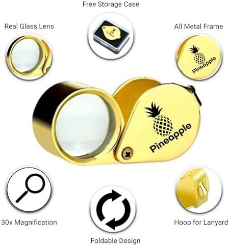 Pineapple 30X Jewelers Loupe Magnifier Foldable Pocket Magnifying Glass Small Jewelry Eye Loop for Jewelers, Gems, Diamonds, Plants, Coins (Gold)
