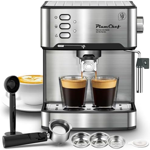 Plum chef Espresso Machine 20 Bar, Household Coffee Maker with Milk Frother Steam Wand, Pressure Gauge, 54oz Large Water Tank, Low Noise Fast Brew for Cappuccino Latte Macchiato Home Office