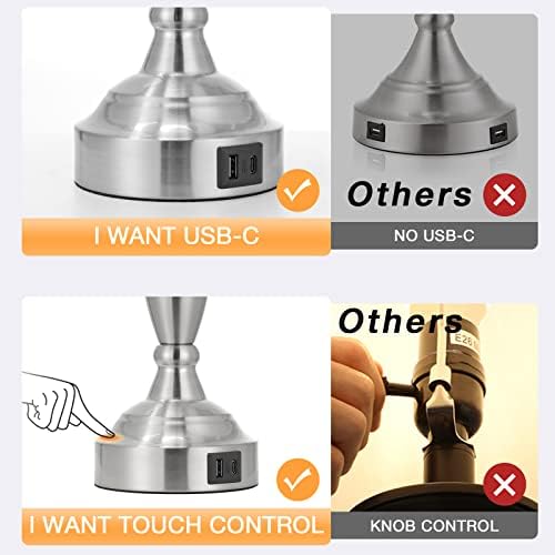 Bedroom Lamps for Nightstand, 3 Way Dimmable Silver Bedside Lamps with USB | Touch, USB C+A Ports, Bulb Included, White Shade, Silver, Chrome