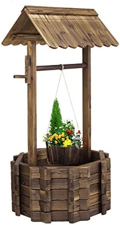 Wishing Well Rustic Fir Wood Bucket Planter Yard Garden Lawn Wooden Wedding New