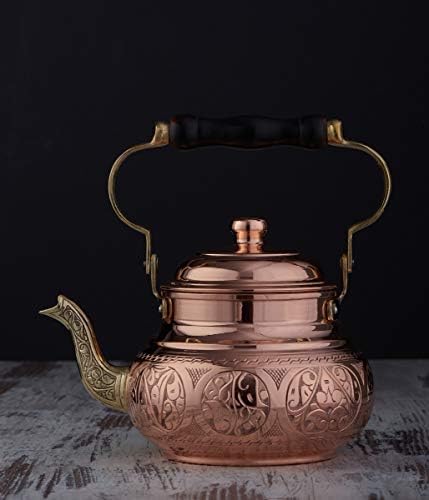 DEMMEX Handmade Engraved 1mm Thick Solid Uncoated Copper Tea Pot Kettle Stovetop Teapot, 1.6-Quart