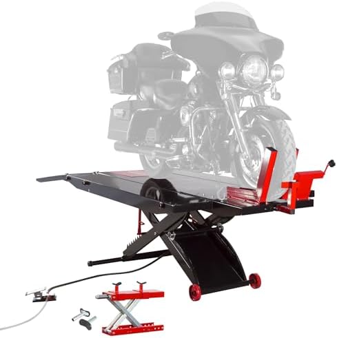 Motorcycle Lift Table, Pneumatic, 1,500 lb, ProLift, 31.25" H, Black Widow | Jack included, raise bike for service, maintenance, repair, handy, compressed air (compressor not included), push mower