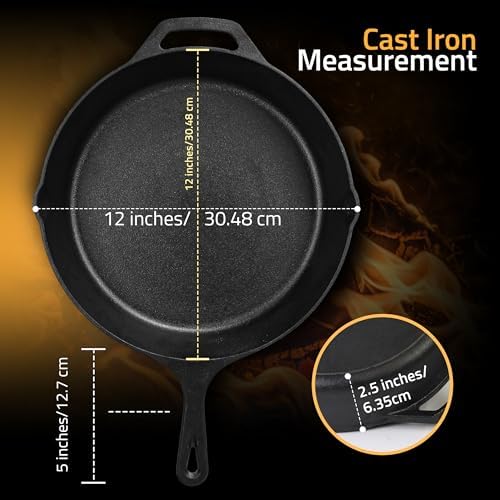 Utopia Kitchen Cast Iron Skillet 12 Inch Pre-Seasoned PFAS-Free Black | Chef Pan, Even Heat Distribution, Stovetop, Oven, Campfire and Grill Safe, Large Skillet, Indoor Outdoor Use