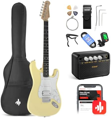 Donner 39-Inch Electric Guitar Starter Kit with Solid Body, HSS Pickup, Accessories, Amplifier, Lessons, and Digital Tuner - Red