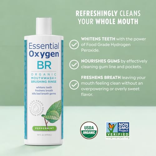 Essential Oxygen Certified BR Organic Brushing Rinse, All Natural Mouthwash for Whiter Teeth, Fresher Breath, and Happier Gums, Alcohol-Free Oral Care, Peppermint, 16 Ounce, Package may vary