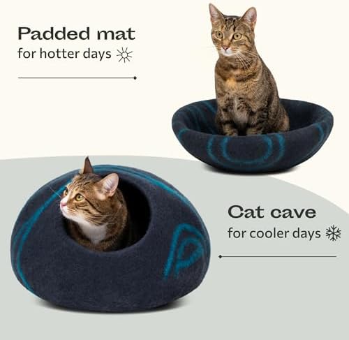 Cat Cave – Premium Felt Cat Bed for Indoor Cats, Handmade 100% Merino Wool (Large, Black Aqua)