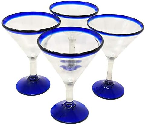 Mexican Hand Blown Glass – Set of 4 Hand Blown Modern Margarita Glasses - Blue Rim (12 oz)