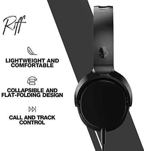 Skullcandy Riff On-Ear Wired Headphones with 3.5mm AUX Plug - Black | Travel Ready with 3.5mm Wired Connection, Built-In Microphone, Foldable Lightweight Comfortable Design, Durable Headband
