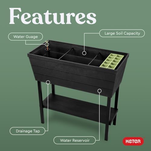 Keter Urban Bloomer 12.7 Gallon Raised Garden Bed and Outdoor Herb Garden Planter with Self Watering Gauge and Drainage Plug, Dark Grey